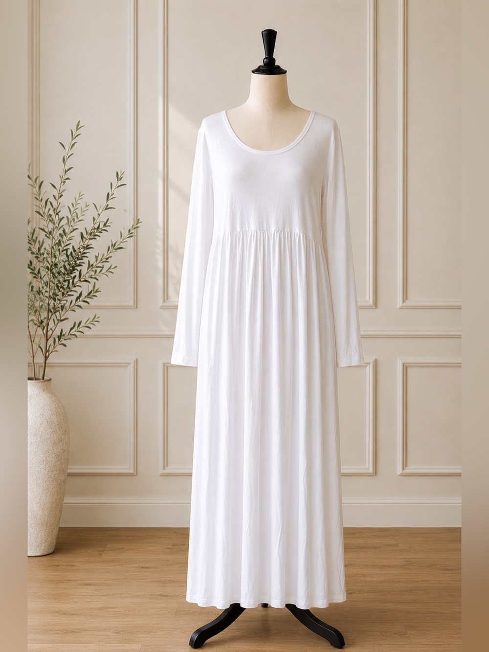 Asklazy White Pullover Maxi Dress with Long Sleeves Scoop Neck Pockets Size XL